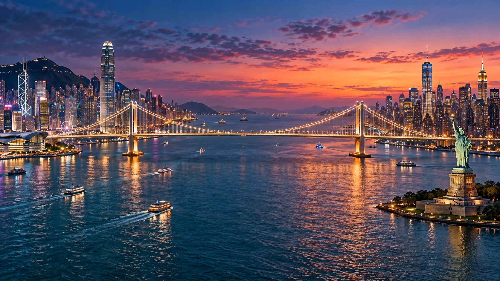 AI-generated imaginary bridge connecting Hong Kong ↔ New York
