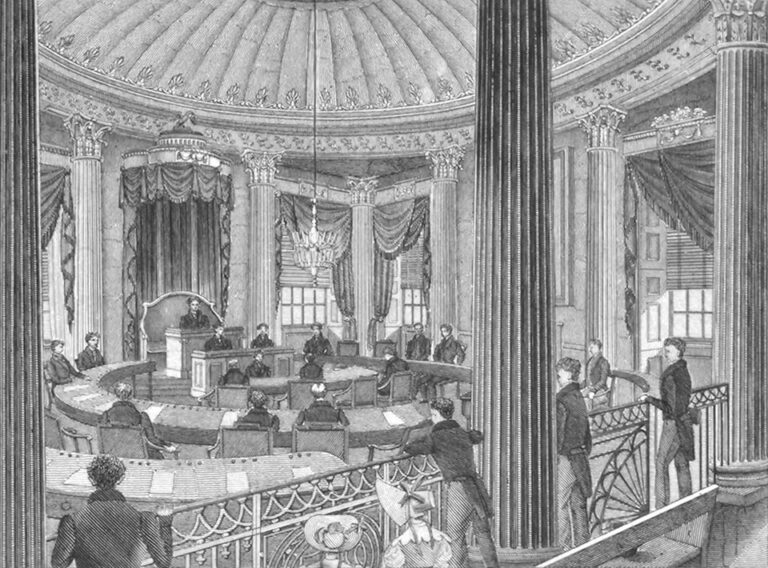 NYC Council testimony: Historical illustration of New York City Hall Council Chamber, for context; not a current hearing photograph.