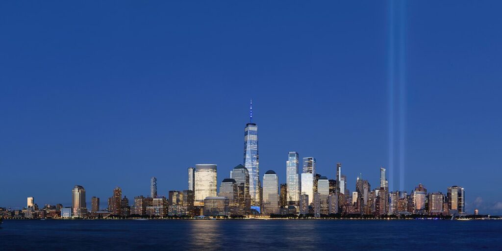 NYC financial counseling: Lower Manhattan and Tribute in Light seen from Jersey City in September 2020, for geographic context; not a counseling center.
