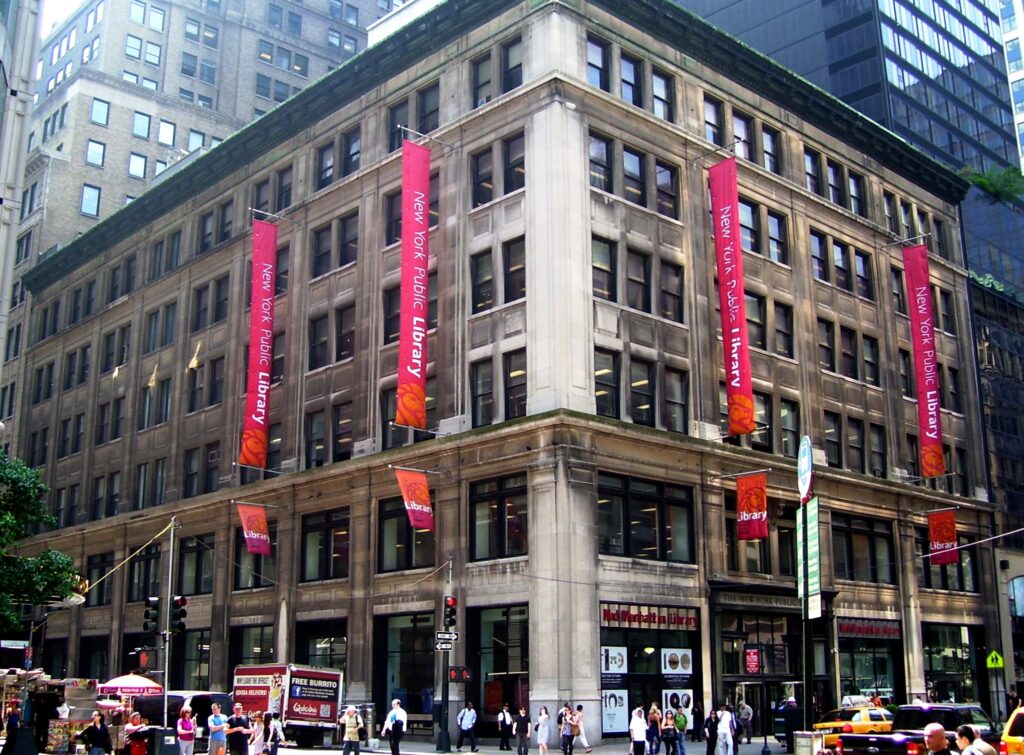 NYPL library card context: archival exterior of the Mid-Manhattan Library building